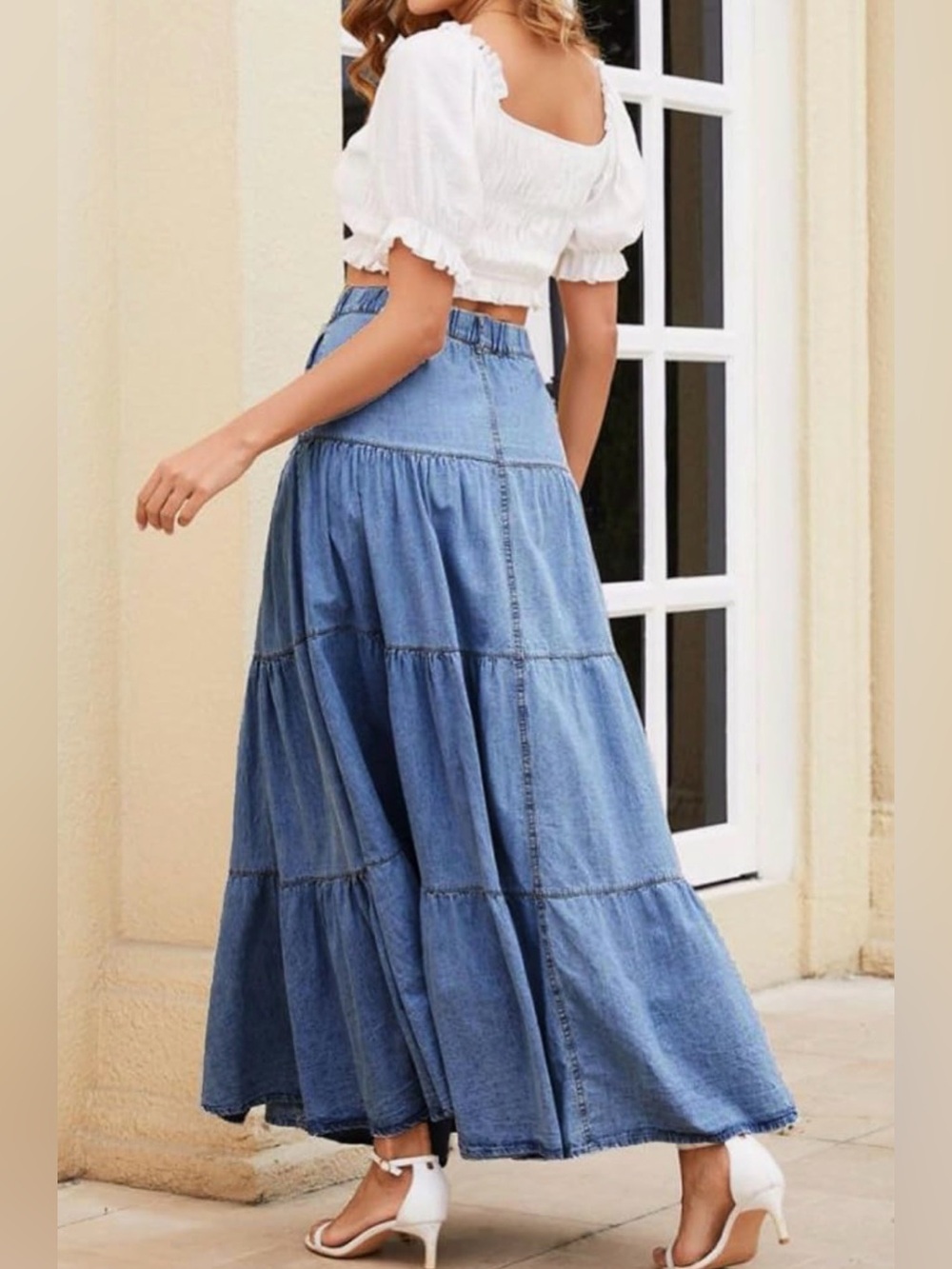 Women’s Blue Button-Front Tiered Maxi Skirt